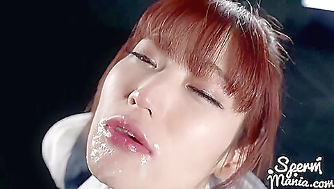 Japanese bitch gets a big cock in her mouth and a load