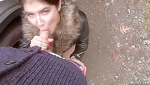 Brunette with a nice ass riding a big dick on the road