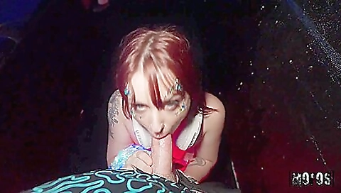 Big ass redhead with tattooed perky tits fucked in a party