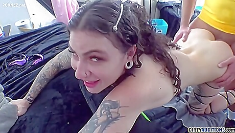 Brunette with tattooed booty getting pounded and deepthroated