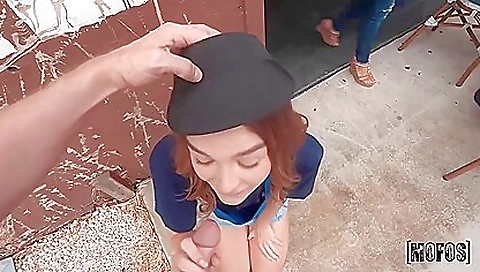 Brunette redhead in stockings gets fucked in the park