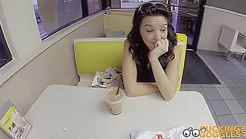 Deepthroated pussy of a brunette gets off on her knees