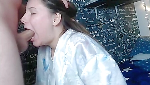 Brunette sucks his dick deep throat and swallow cum